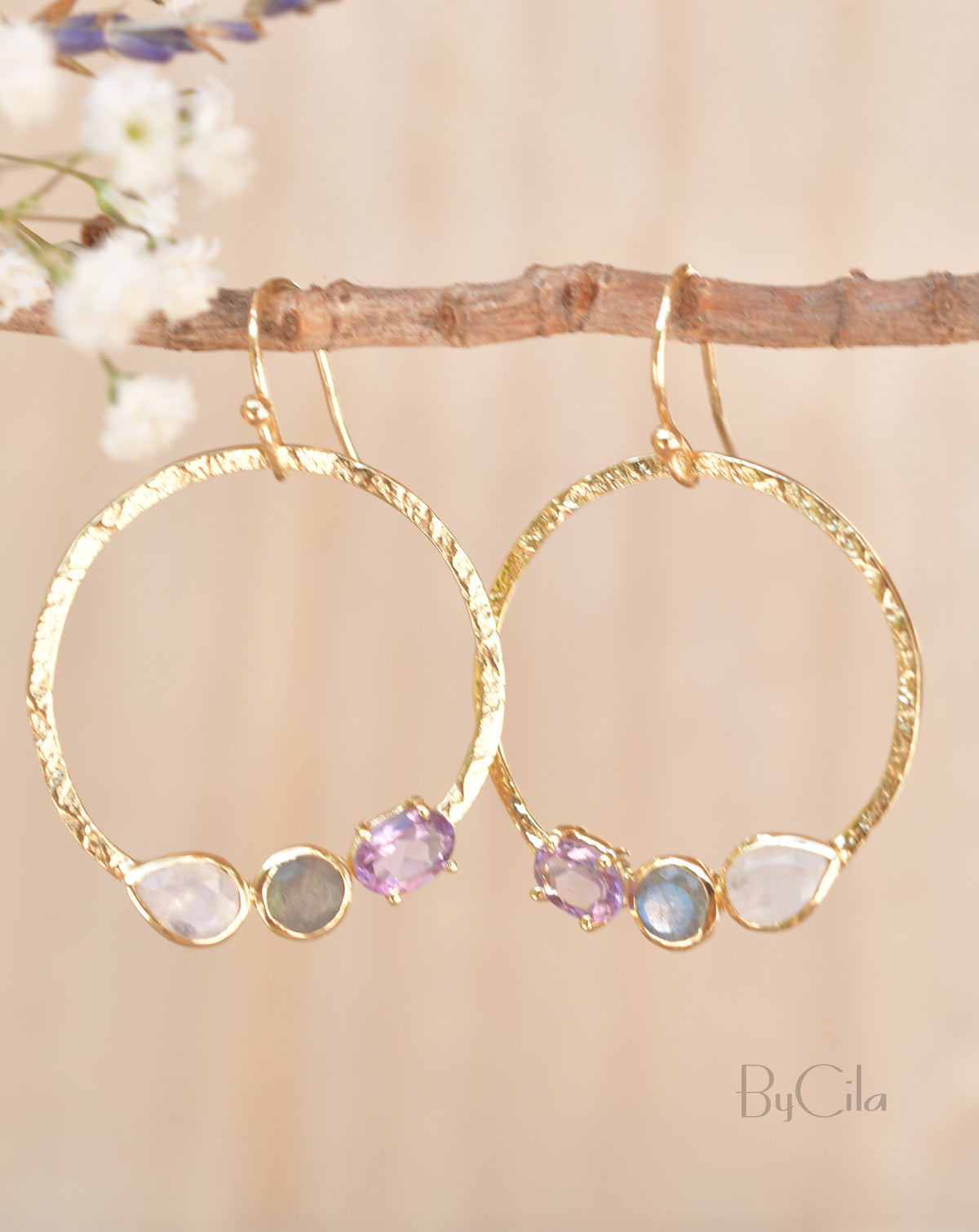 Rainbow Moonstone, Labradorite & Amethyst  Earrings Gold Plated* Geometric * Empty Circle * Handmade Gemstone * Dangle * Gold * BJE095