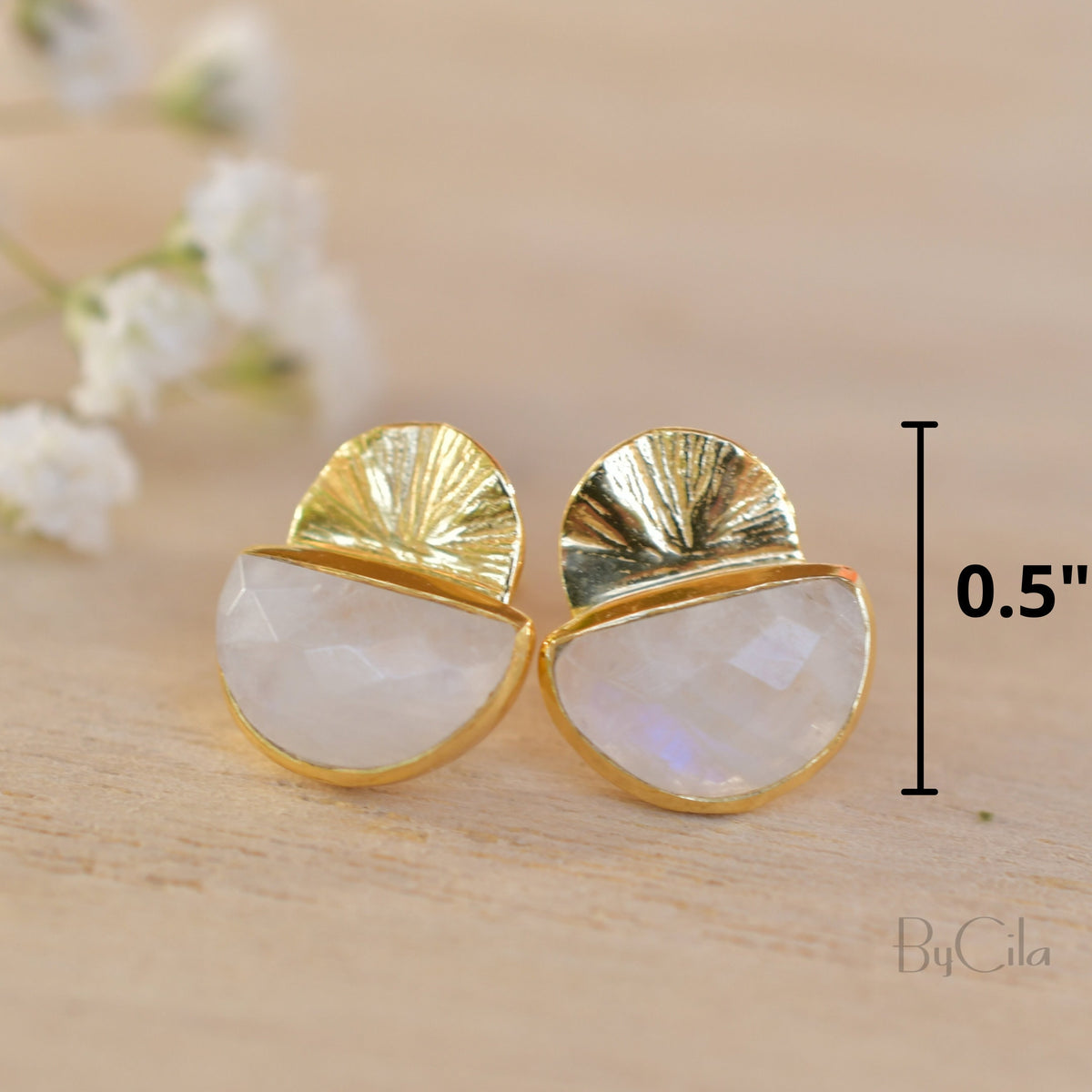 Moonstone Stud Earrings Gold Plated 18k or Sterling Silver 925 * Gemstone * Earrings * Rainbow Moonstone * Handmade * Boho * Modern * BJE158