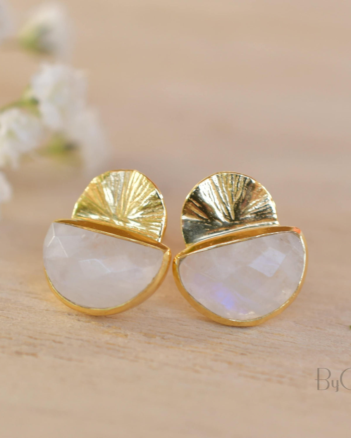 Moonstone Stud Earrings Gold Plated 18k or Sterling Silver 925 * Gemstone * Earrings * Rainbow Moonstone * Handmade * Boho * Modern * BJE158