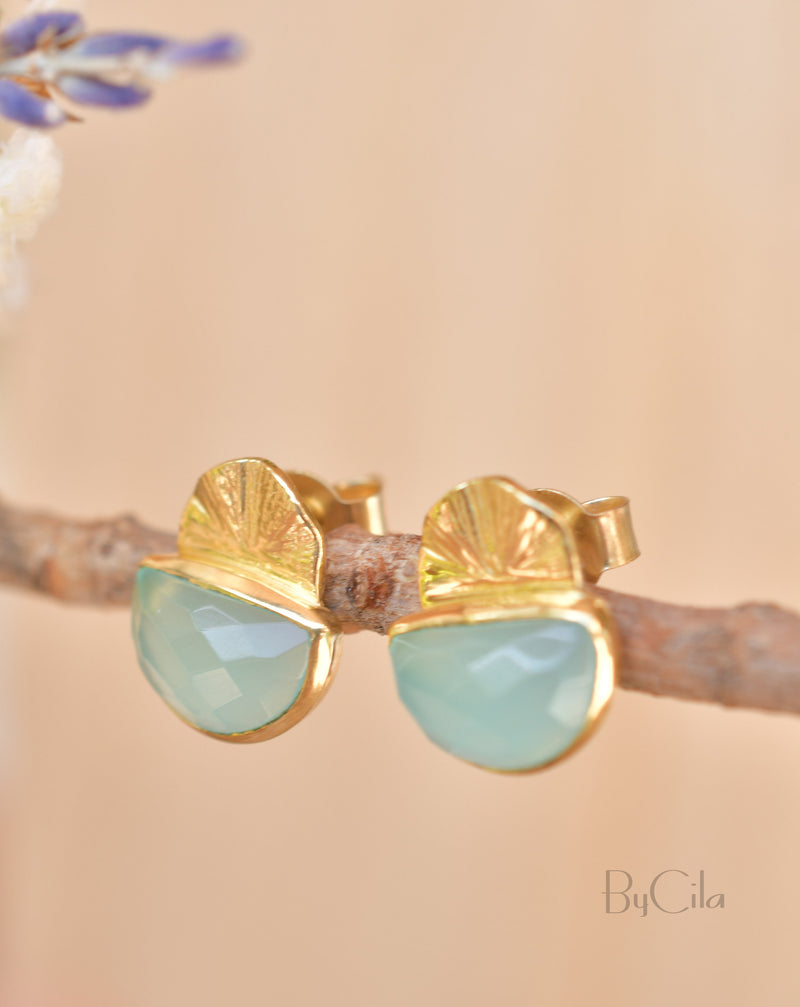 Aqua Chalcedony Earrings Stud Gold Plated 18k  * Post *Gemstone * Statement * handmade* Everyday * Lightweight* bohemian  * ByCila *BJE159