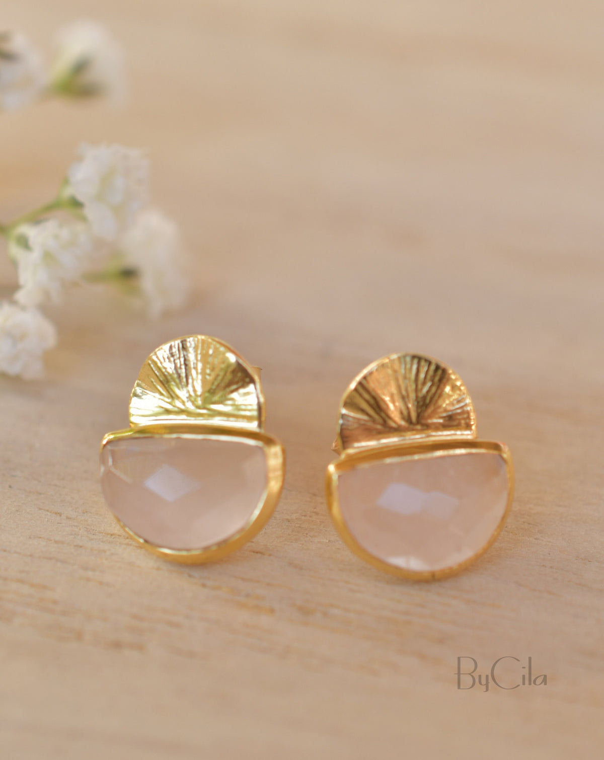 Rose Quartz Stud Earrings* Gold Plated 18k or Sterling Silver 925 * Post * Gemstone * Everyday * handmade* bohemian * ByCila * BJE160