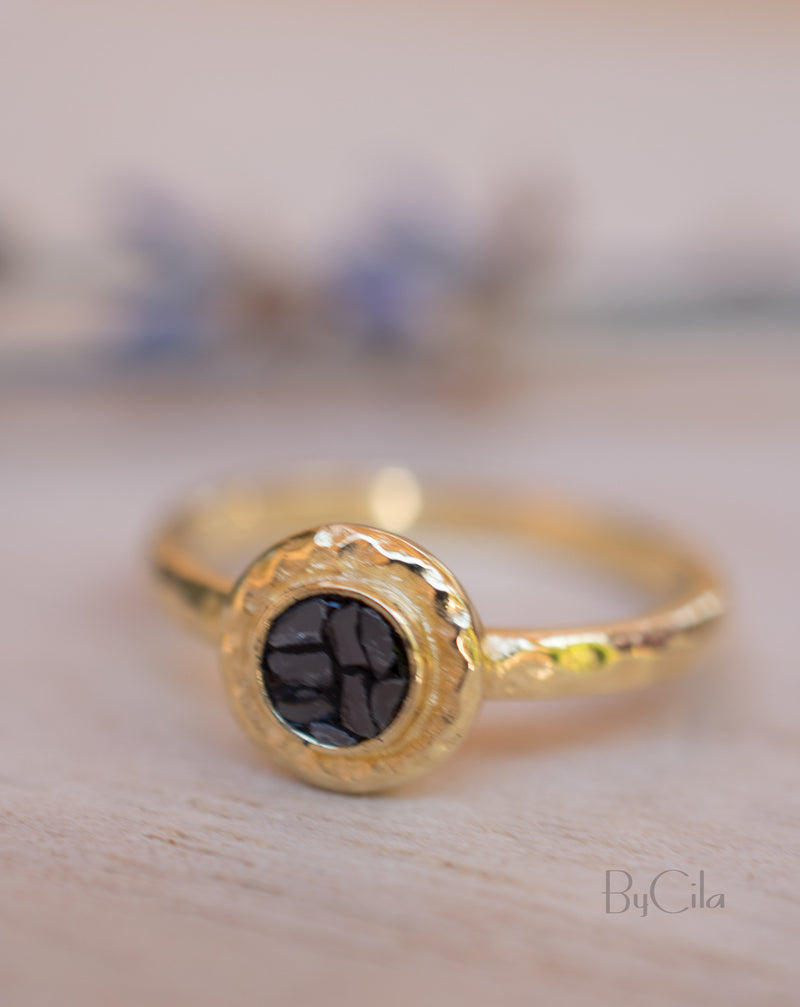 14K Yellow Gold Black Mosaic Diamond Ring *Hammered * Engagement Ring *Unique *Organic *Boho chic * Diamond Ring *Modern *Gold Band *BJRG005