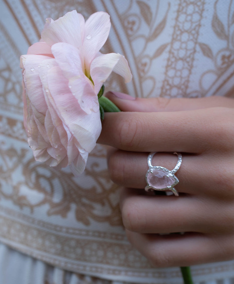Rose Quartz Ring * Hammered Band * Sterling Silver Ring * Statement Ring * Gemstone Ring * Wedding Ring * Organic Ring * Natura BJR144