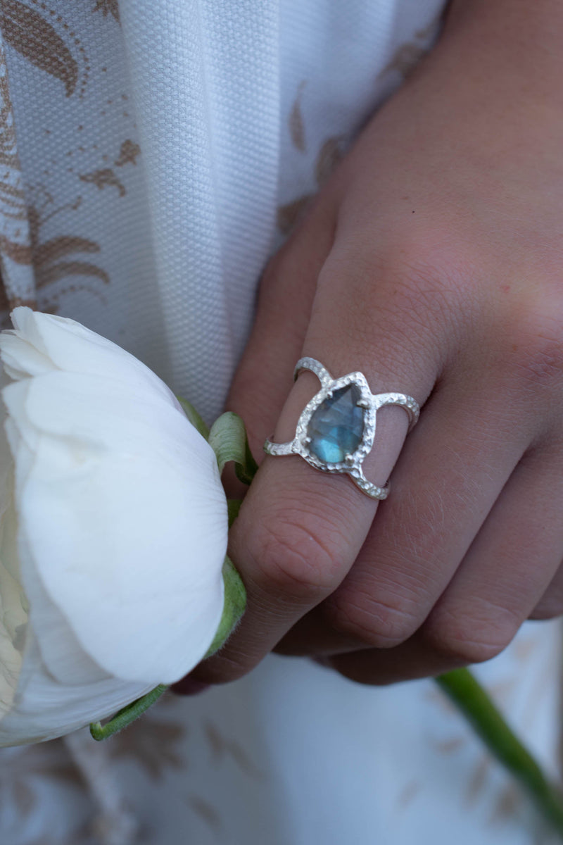 Labradorite Ring * Hammered Band * Sterling  Silver Ring * Statement Ring * Gemstone Ring* Pink* Wedding Ring* Organic Ring * Natural BJR145