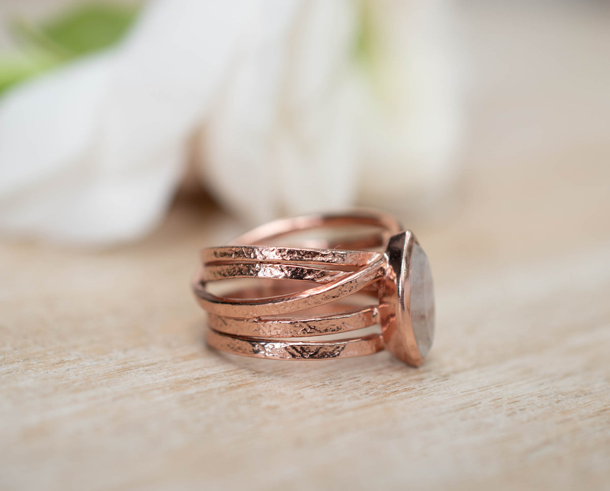 Moonstone Rose Gold Plated Ring *  Statement Ring * Gemstone Ring * Rainbow Moonstone *  Rose Gold Ring BJR135