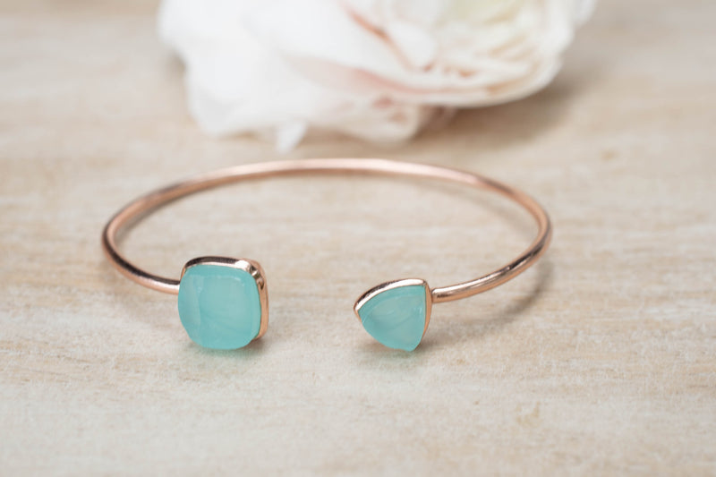 Rough Aqua Chalcedony Bangle Bracelet * Gold Plated 18k or Silver Plated Rose Gold Plated* Gemstone * Adjustable * Statement * BJB008C