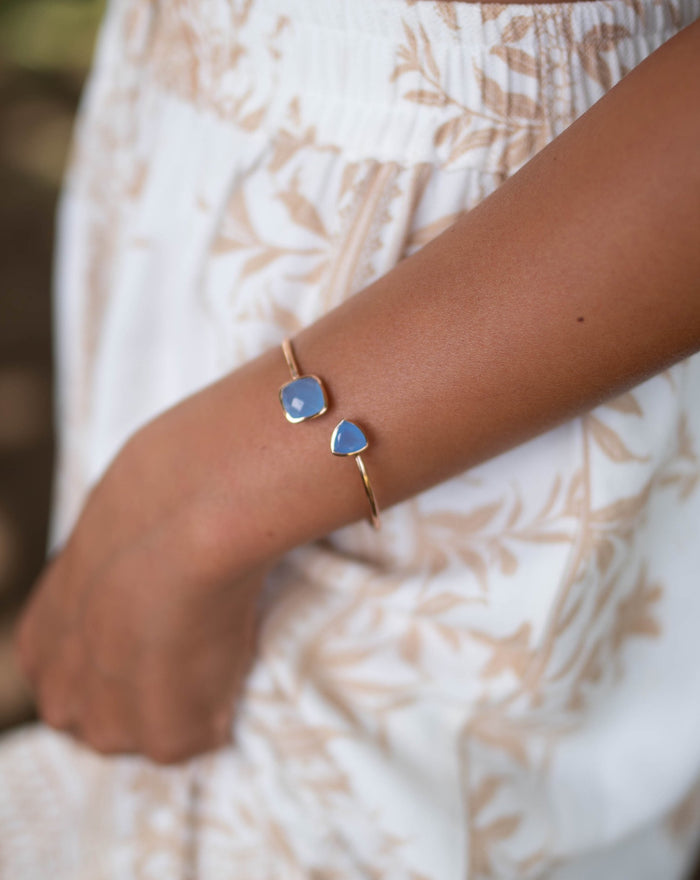 Blue Chalcedony Bangle Bracelet *Gold Plated 18k or Silver Plated or Rose Gold Plated* Gemstone * Gypsy * Adjustable * Statement * BJB009C