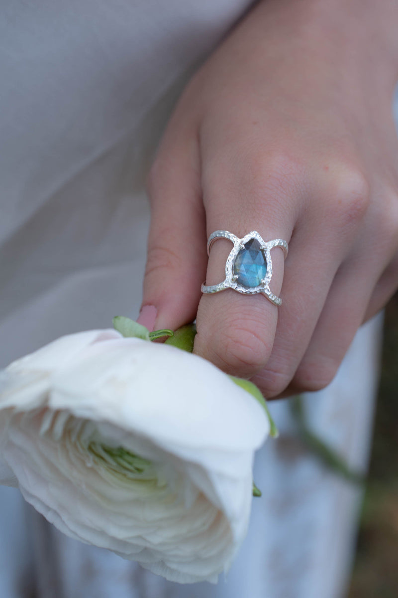 Labradorite Ring * Hammered Band * Sterling  Silver Ring * Statement Ring * Gemstone Ring* Pink* Wedding Ring* Organic Ring * Natural BJR145