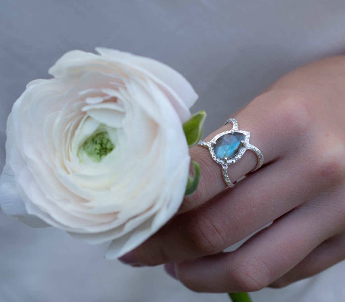 Labradorite Ring * Hammered Band * Sterling  Silver Ring * Statement Ring * Gemstone Ring* Pink* Wedding Ring* Organic Ring * Natural BJR145