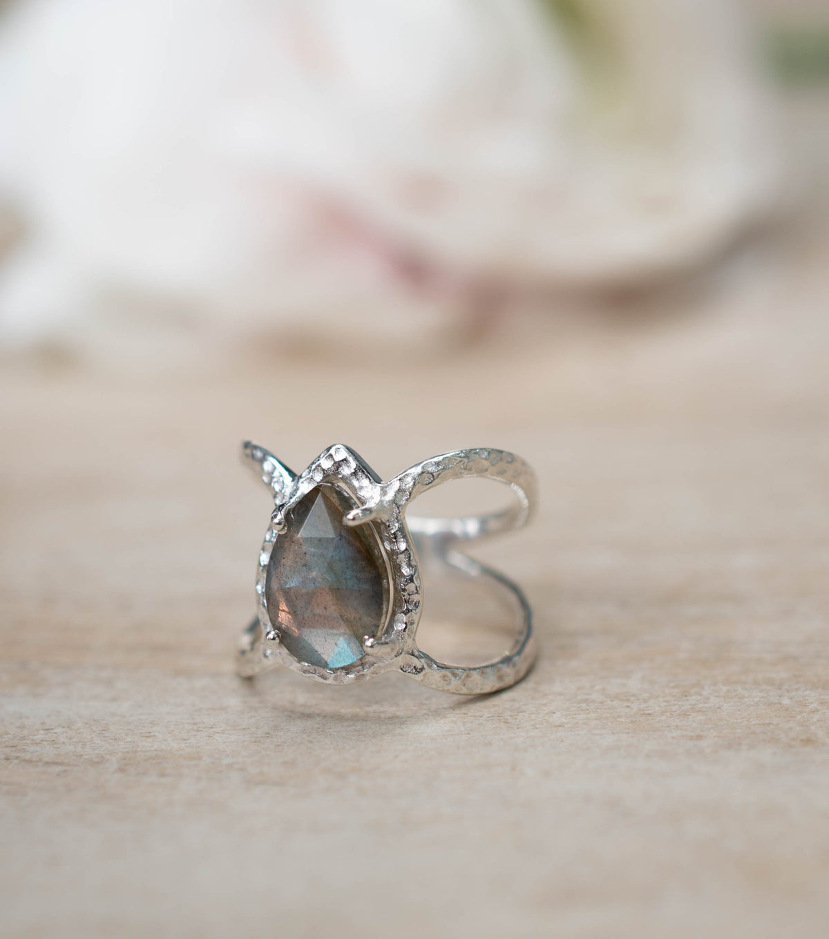 Labradorite Ring * Hammered Band * Sterling  Silver Ring * Statement Ring * Gemstone Ring* Pink* Wedding Ring* Organic Ring * Natural BJR145