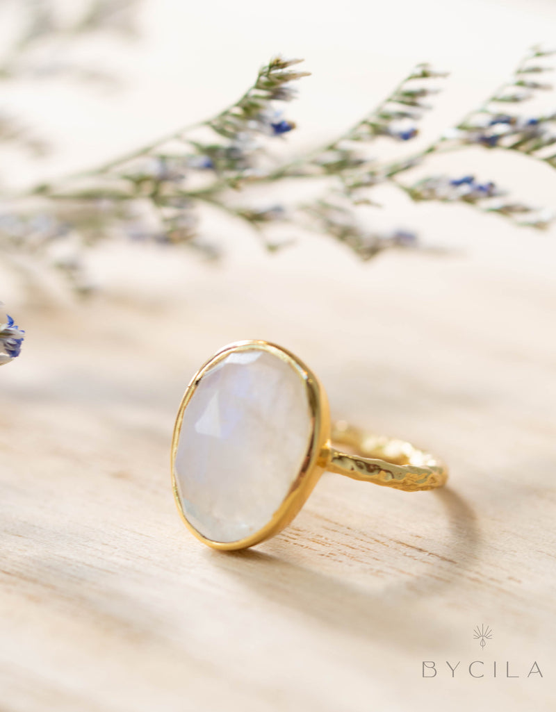 Moonstone Gold Plated Ring *  Statement Ring * Gemstone Ring * Rainbow Moonstone * Gold Ring  * BJR241