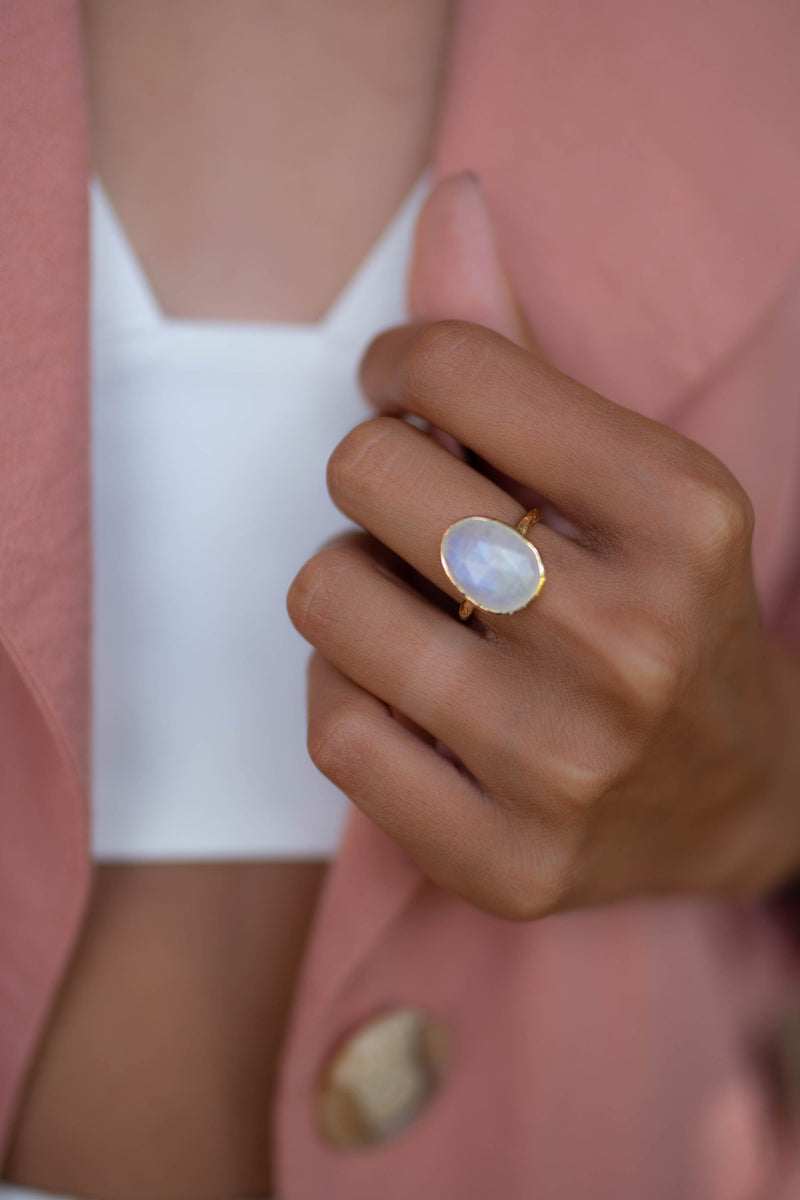 Moonstone Gold Plated Ring *  Statement Ring * Gemstone Ring * Rainbow Moonstone * Gold Ring  * BJR241