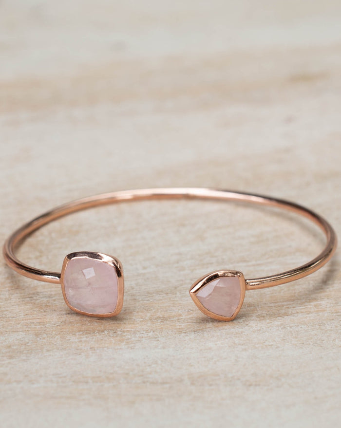 Rose Quartz Bangle Bracelet * Gold Plated 18k or Silver Plated or Rose Gold Plated * Gemstone * Adjustable * Statement *  Stacking * BJB004B