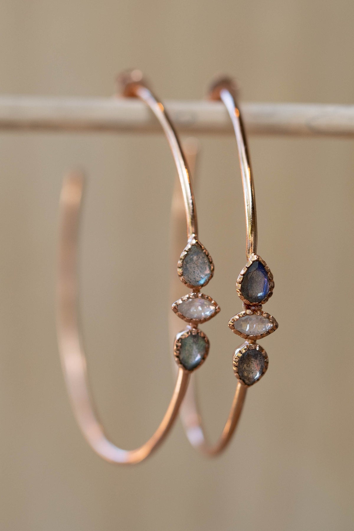 Labradorite & Moonstone Hoop Gold Plated 18k or Silver Plated or Rose Gold Plated * Stud* Post* Labradorite *Handmade* ByCila *Loop* BJE016C