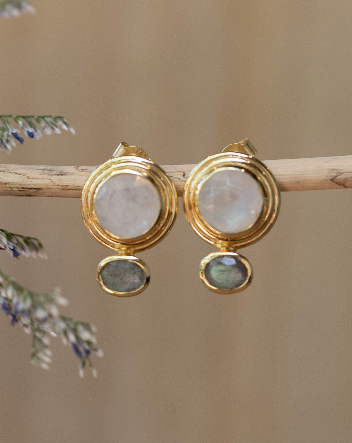 Labradorite & Moonstone Hoop Gold Plated 18k  * Stud* Post* Labradorite *Handmade* ByCila *Loop* BJE165