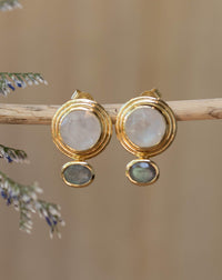 Labradorite & Moonstone Hoop Gold Plated 18k  * Stud* Post* Labradorite *Handmade* ByCila *Loop* BJE165