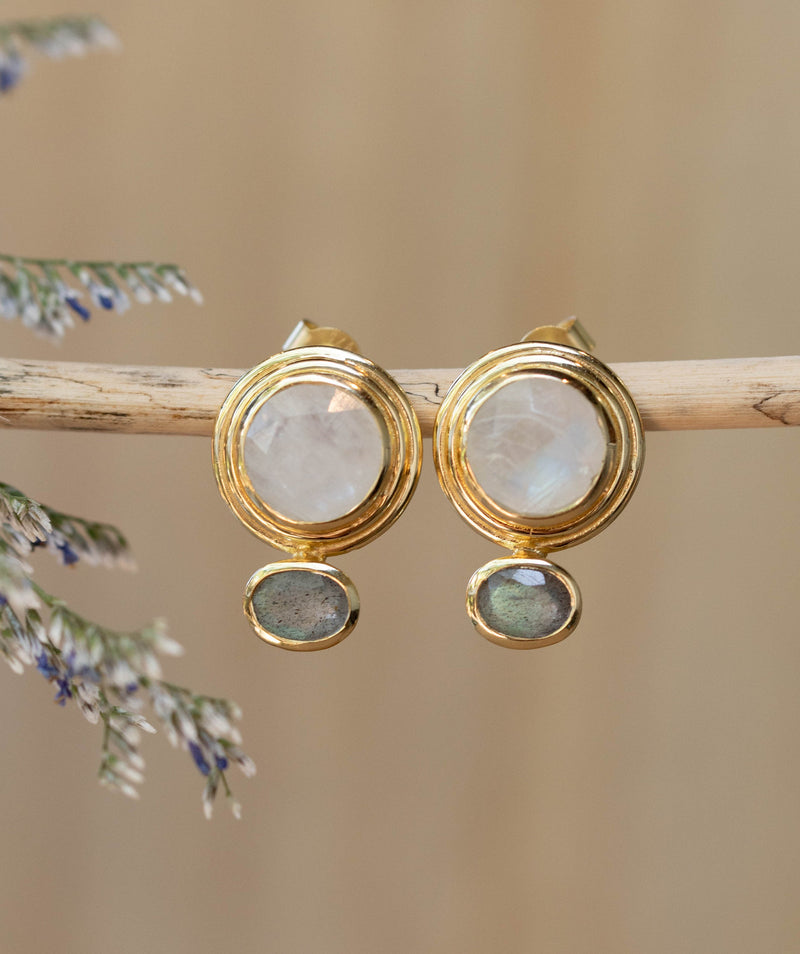 Labradorite & Moonstone Hoop Gold Plated 18k  * Stud* Post* Labradorite *Handmade* ByCila *Loop* BJE165