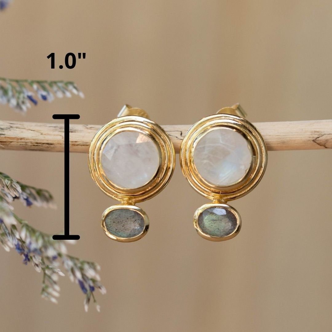Labradorite & Moonstone Hoop Gold Plated 18k  * Stud* Post* Labradorite *Handmade* ByCila *Loop* BJE165