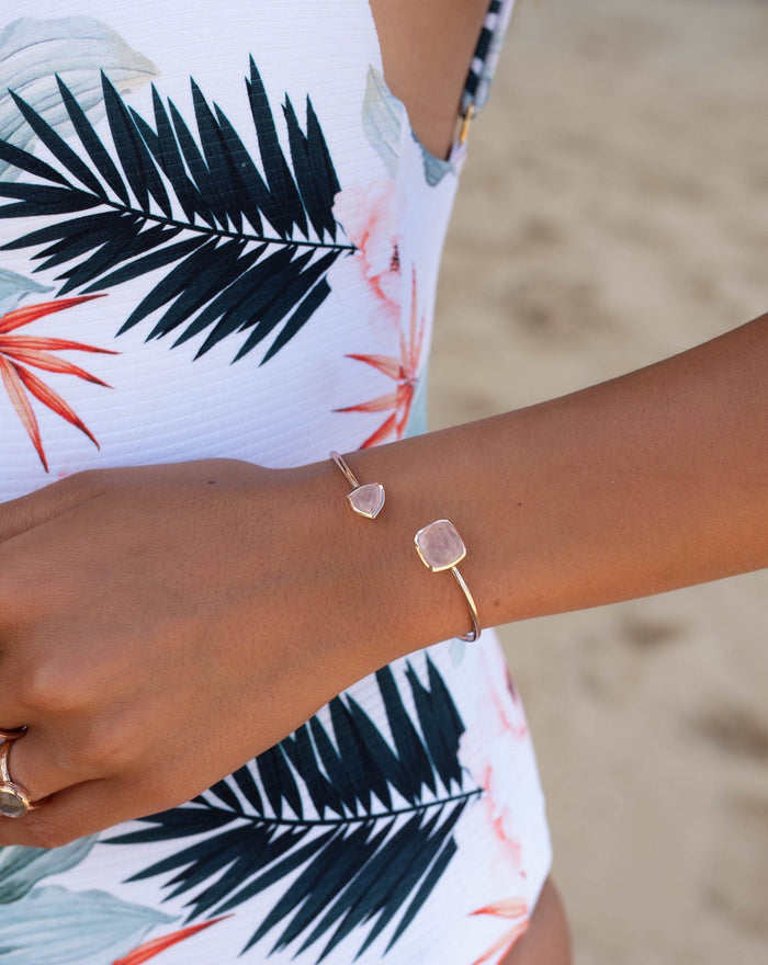 Rose Quartz Bangle Bracelet * Gold Plated 18k or Silver Plated or Rose Gold Plated * Gemstone * Adjustable * Statement *  Stacking * BJB004B