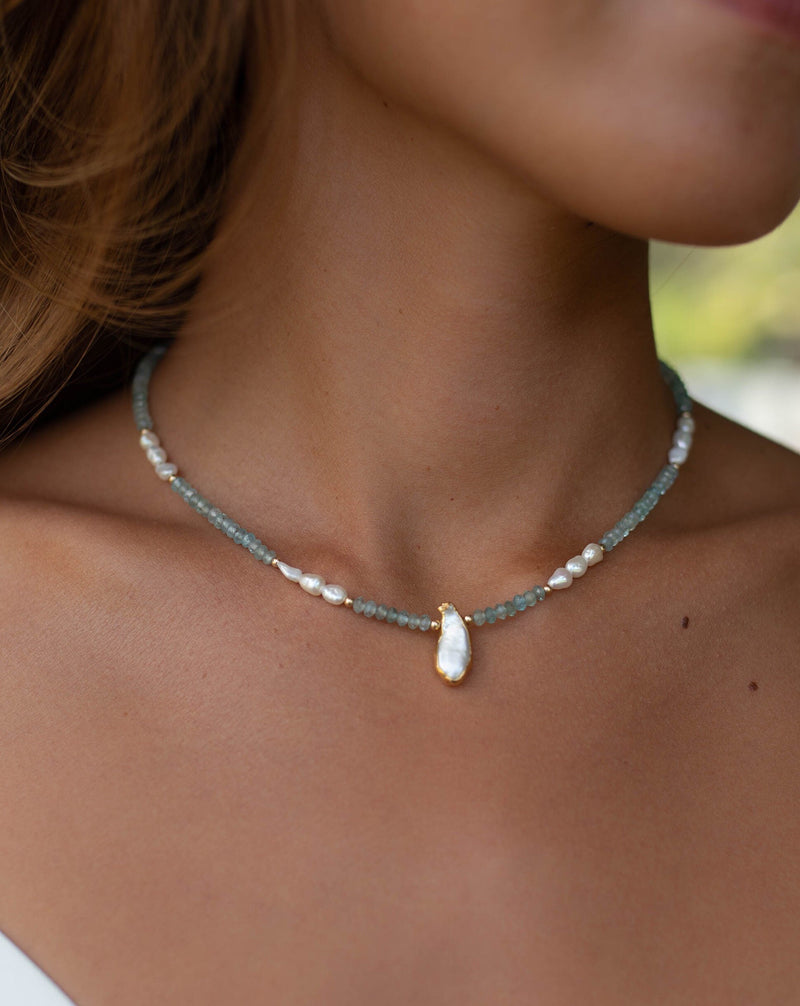 Aqua Chalcedony Beads and Pearl Necklace *Gold Filled Beads *Handmade *Layered *Gemstone * Elegant * Chic * BJN089