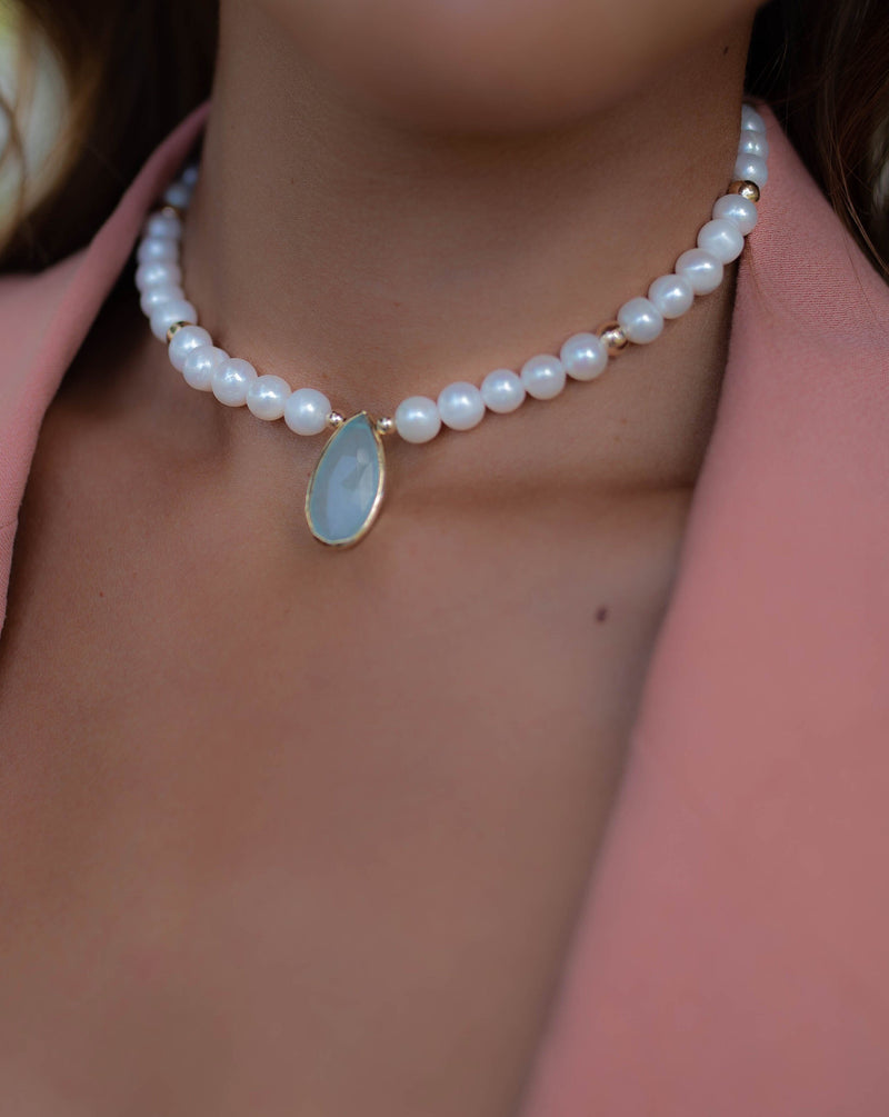 Pearl and Aqua Chalcedony Necklace *Gold Filled Beads *Handmade *Layered *Gemstone * Elegant * Chic * BJN090