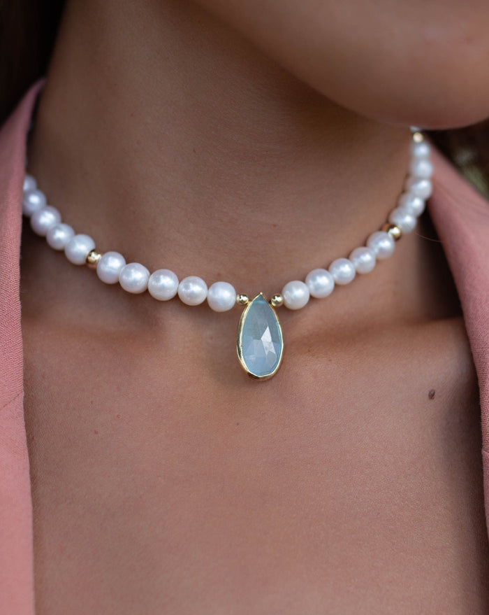 Pearl and Aqua Chalcedony Necklace *Gold Filled Beads *Handmade *Layered *Gemstone * Elegant * Chic * BJN090