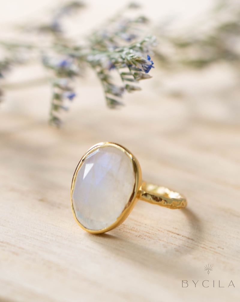 Moonstone Gold Plated Ring *  Statement Ring * Gemstone Ring * Rainbow Moonstone * Gold Ring  * BJR241