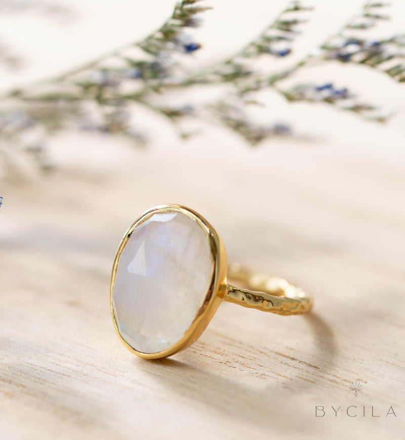 Moonstone Gold Plated Ring *  Statement Ring * Gemstone Ring * Rainbow Moonstone * Gold Ring  * BJR241