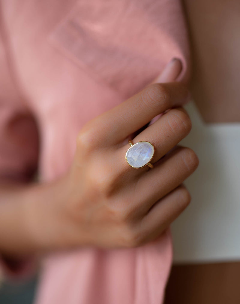 Moonstone Gold Plated Ring *  Statement Ring * Gemstone Ring * Rainbow Moonstone * Gold Ring  * BJR241