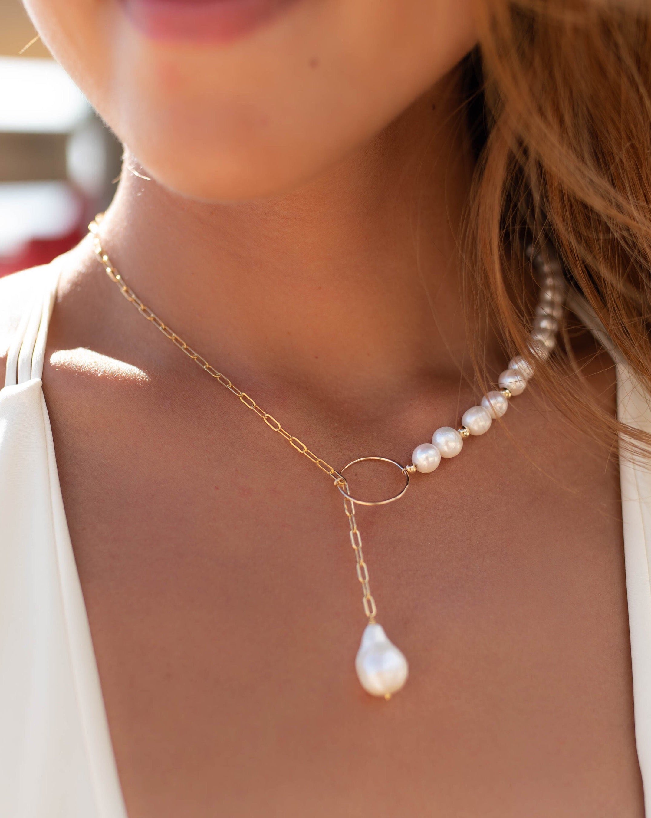 Dainty Pearl Necklace, Freshwater Hanging Pearls 18k Gold Plated .925 –  KesleyBoutique