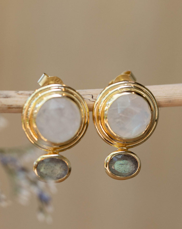 Athena Earrings * Labradorite & Moonstone Post * Gold Plated 18k * BJE165