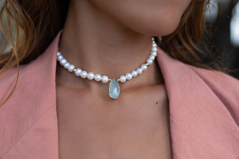 Pearl and Aqua Chalcedony Necklace *Gold Filled Beads *Handmade *Layered *Gemstone * Elegant * Chic * BJN090