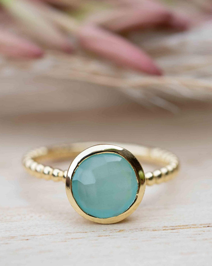 Gold Plated 18k Aqua Chalcedony * Gemstone Ring * Handmade * Statement * Natural * Organic*Gift for her*Jewelry*Bycila*May Birthstone*