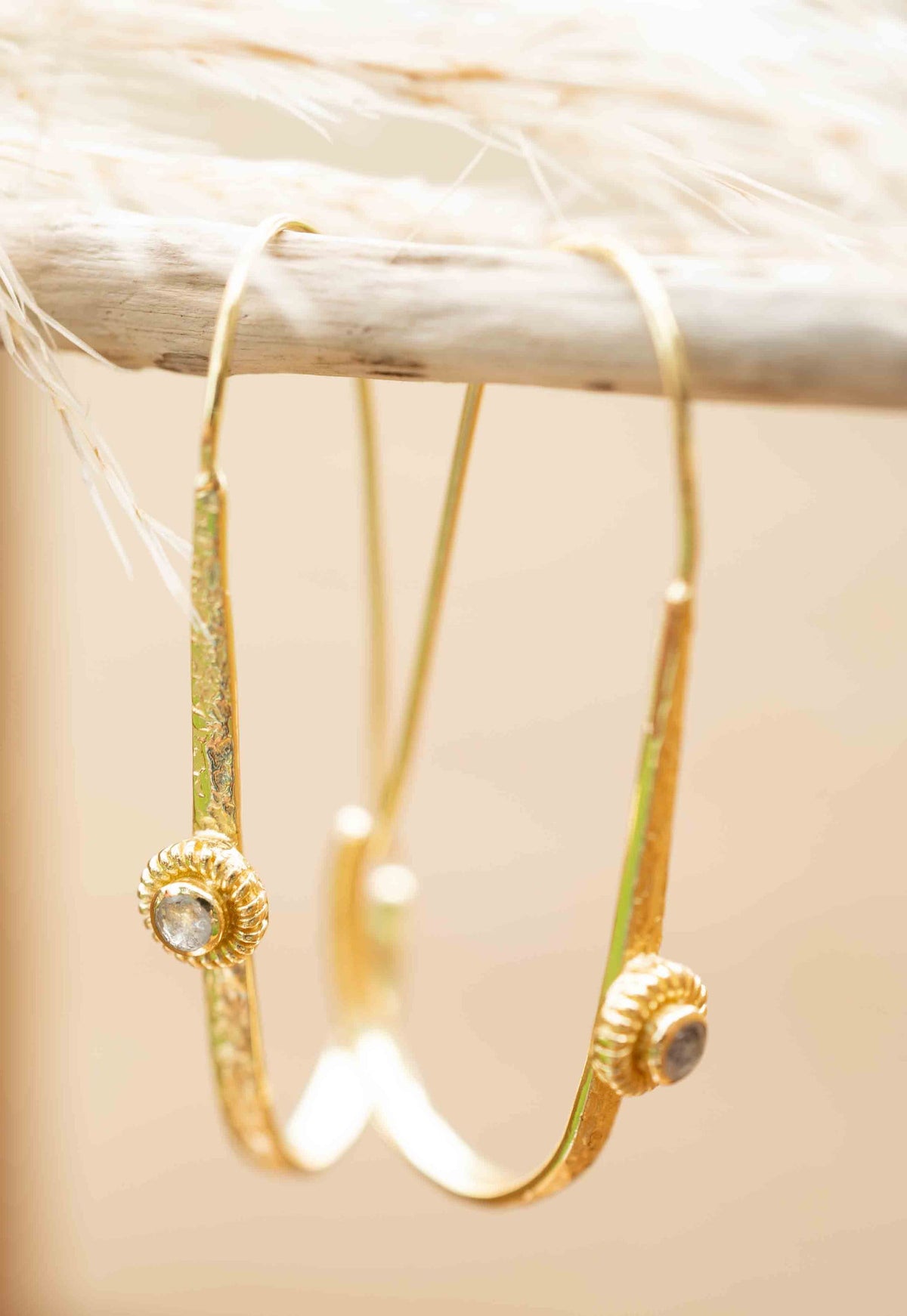 Moonstone Earrings Gold Plated 18k  * Dangle * Gemstone * Hammered * Statement  * Every day * ByCila * Boho * Bohemian *Gift BJE168