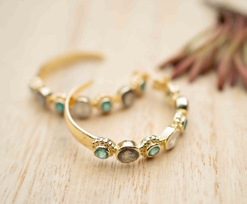 Labradorite, Iolite hydro  & Moonstone Hoop Gold Plated 18k * Stud* Post* Labradorite *Handmade * ByCila *Loop* BJE169