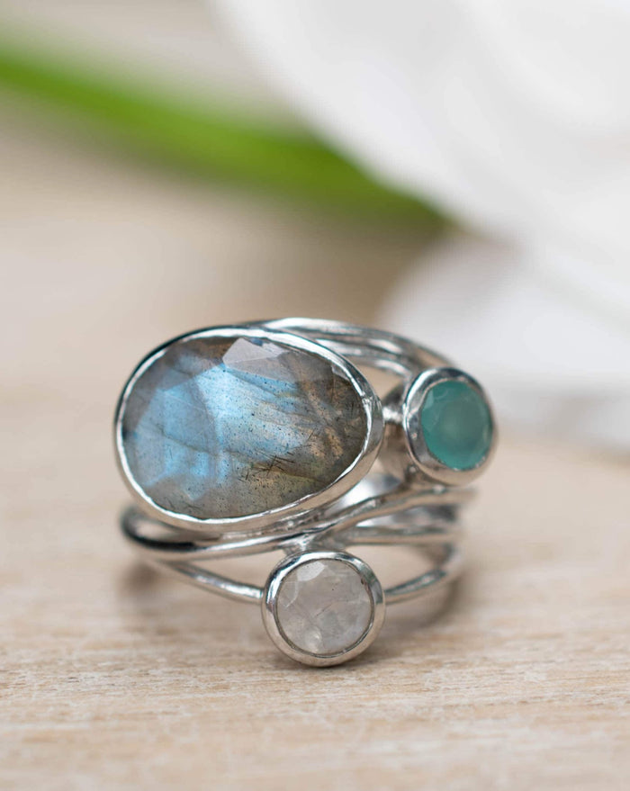 Silver Plated Ring * Labradorite * Moonstone * Aqua Chalcedony *Gemstones * Handmade * Statement * Natural * Organic * Gift for her * BJR101