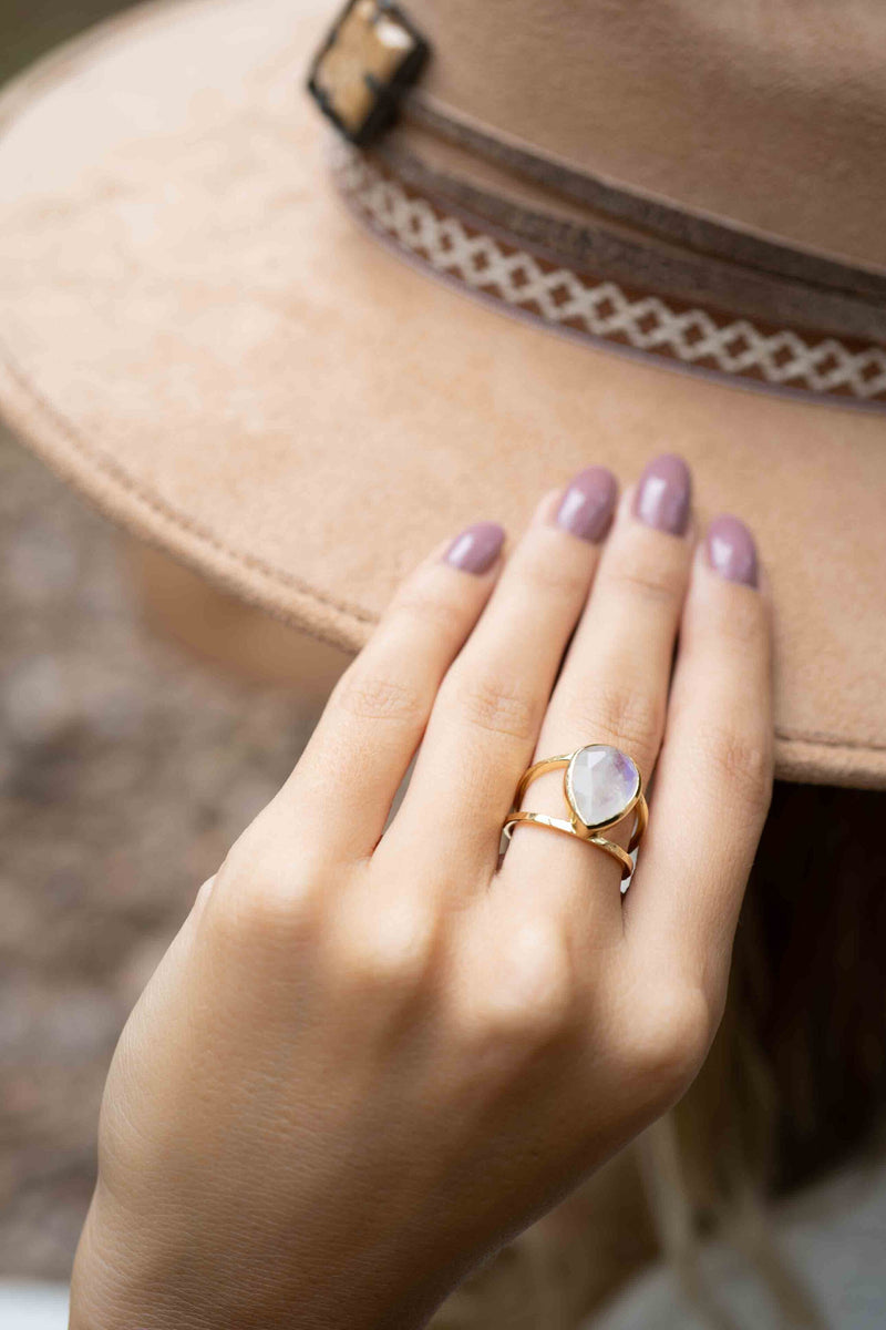 Moonstone Gold Plated Ring *  Statement Ring * Gemstone Ring * Rainbow Moonstone * Gold Ring  * Large Ring Statement * BJR253