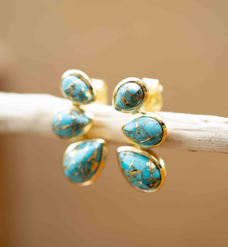 Cooper Turquoise Stud  Earrings* Gold Plated 18k * Post * Gemstone * Statement *Everyday * handmade*Lightweight * bohemian * ByCila * BJE173