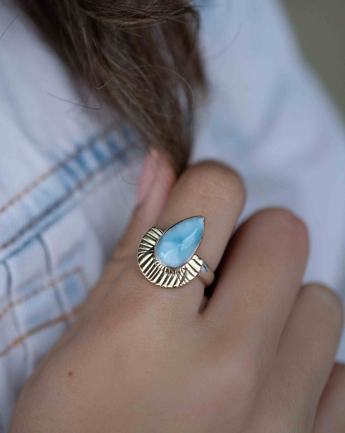 Larimar Ring * Sterling Silver and Brass * Handmade * Gemstone * Statement * Jewelry * Bycila * Gift For Her * BJR197