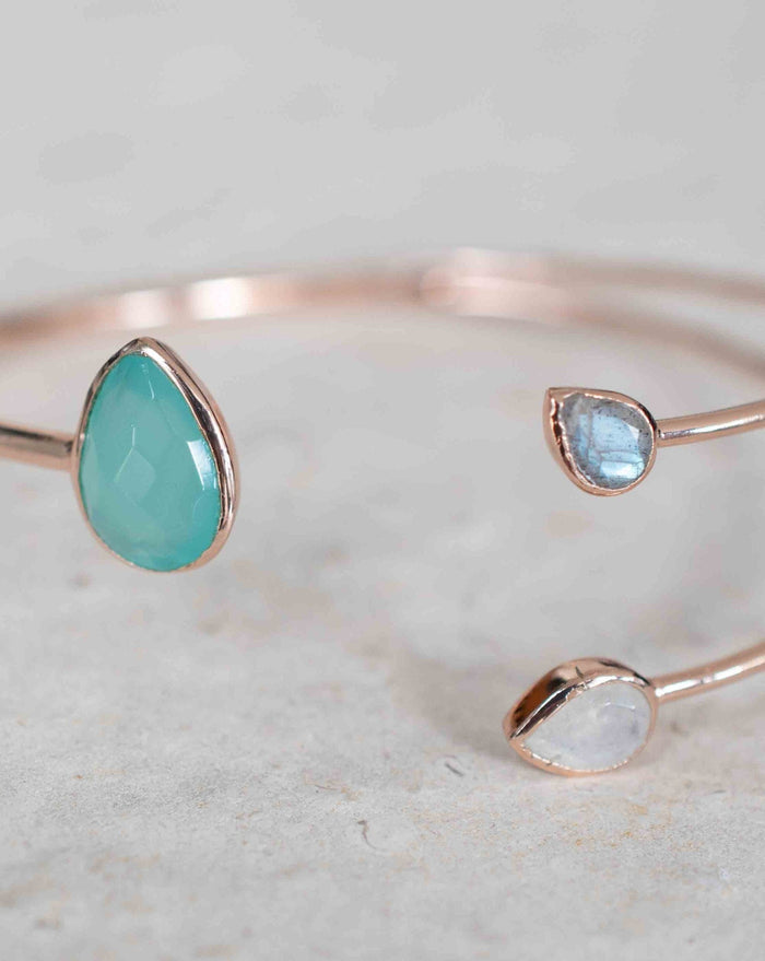 Aqua Chalcedony,Labradorite & Moonstone Bangle Bracelet * Gold Plated, Rose Gold or Silver Plated* Gemstone * Adjustable * Stacking *BJB023A