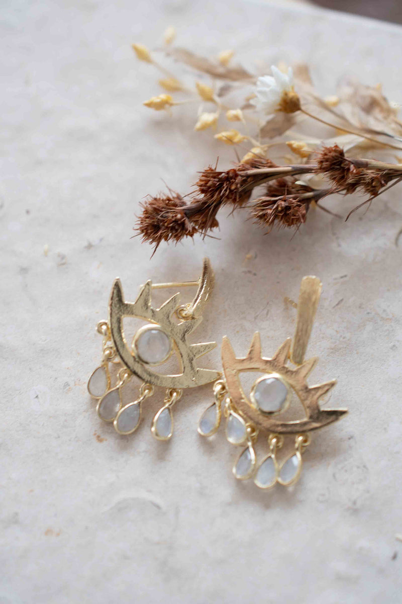 Moonstone Stud  Earrings Gold Plated 18k* Gemstone * Statement  * handmade * Every day * Lightweight * bohemian * BJE202