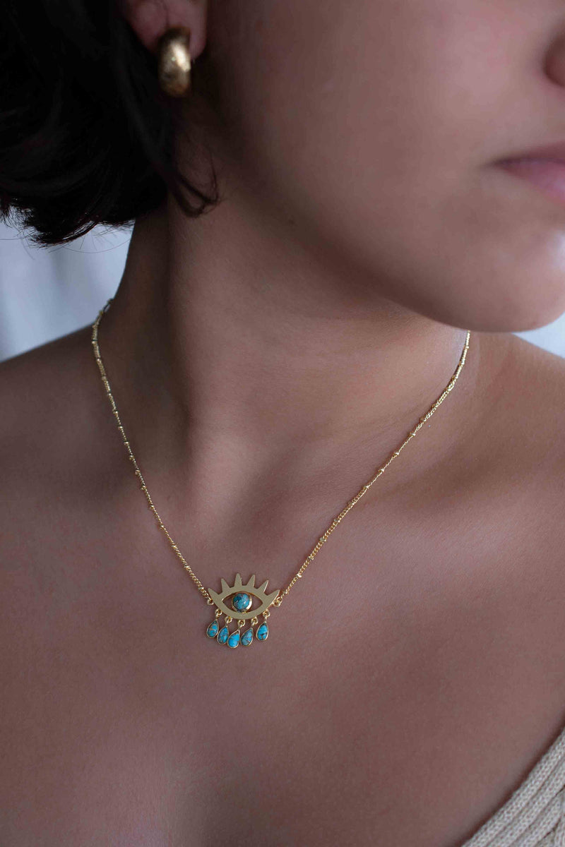 Evil Eye Labradorite, Moonstone or Copper Turquoise Necklace  *Gold Plated 18k *Handmade * Bohemian * Layered *Modern *Perfect Gift * BJN139