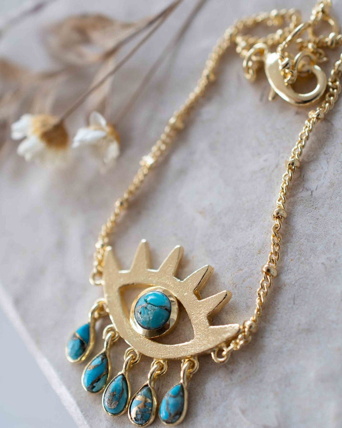 Evil Eye Labradorite, Moonstone or Copper Turquoise Necklace  *Gold Plated 18k *Handmade * Bohemian * Layered *Modern *Perfect Gift * BJN141