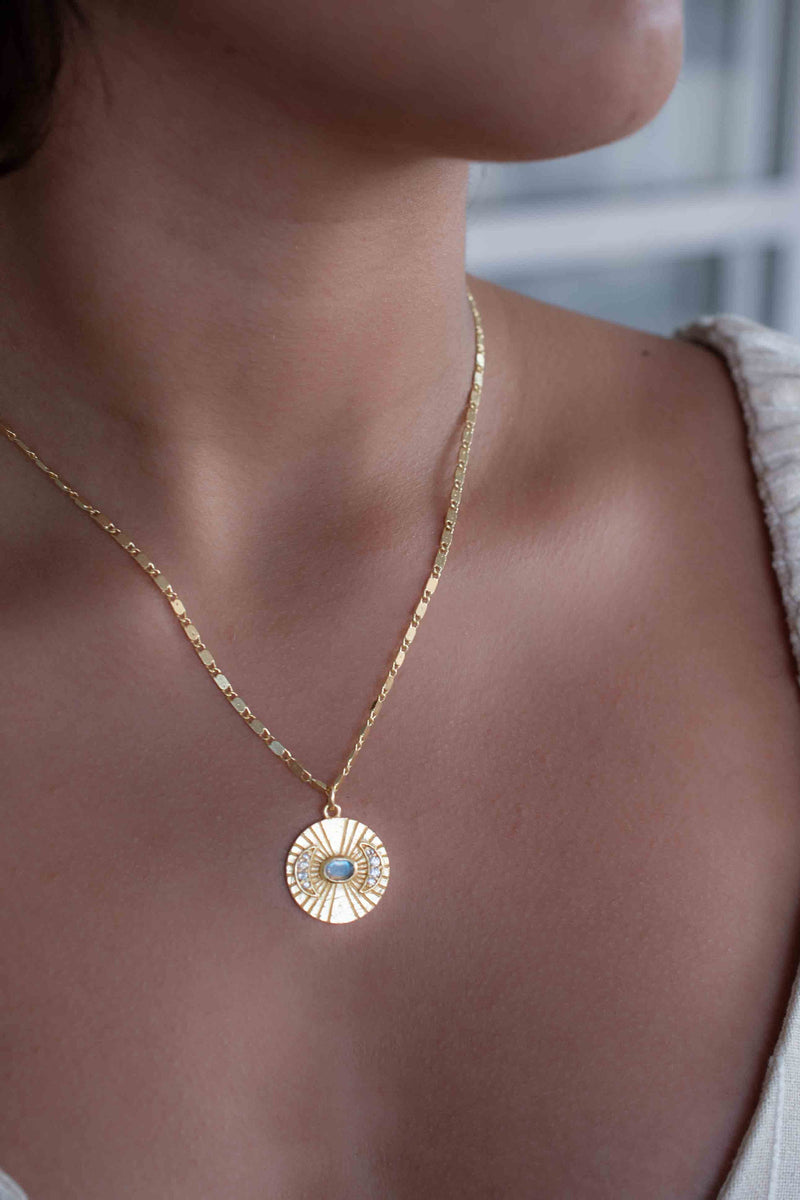 Half Moon CZ and Labradorite, Moonstone or Copper Turquoise Necklace  *Gold Plated 18k *Handmade * Bohemian * Layered *Modern * BJN145