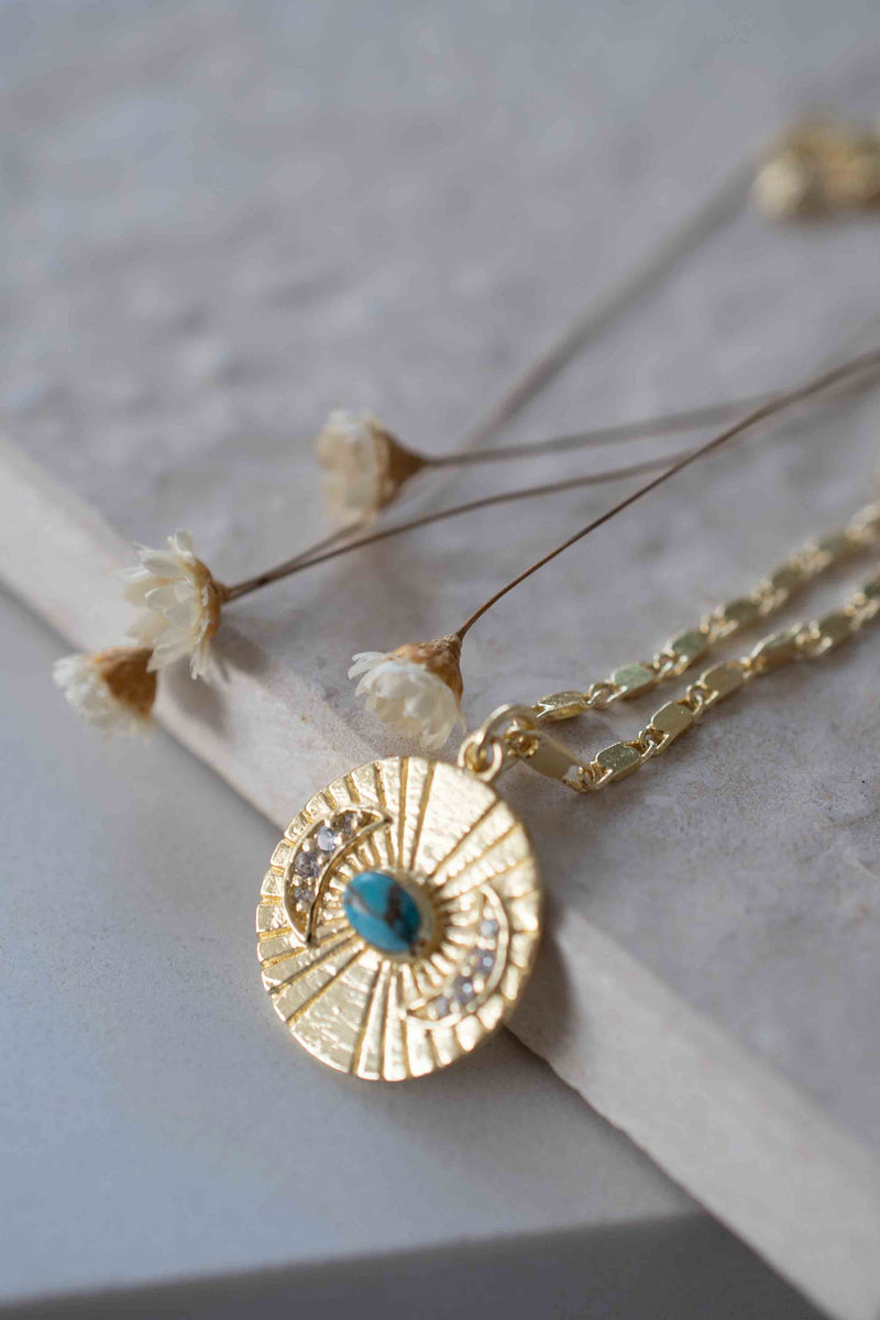 Half Moon CZ and Labradorite, Moonstone or Copper Turquoise Necklace  *Gold Plated 18k *Handmade * Bohemian * Layered *Modern * BJN146