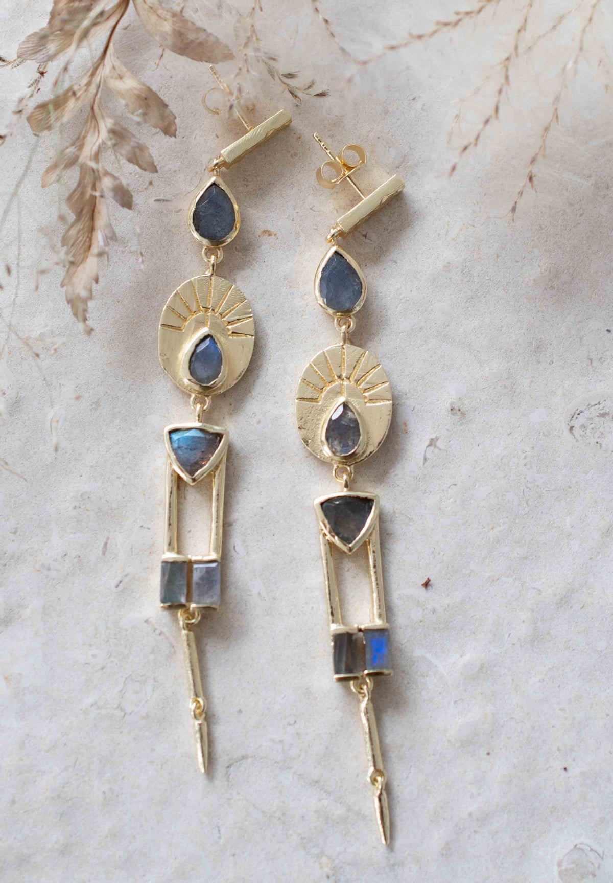 Labradorite Earrings Stud Gold Plated 18k *Post * Gemstone * Statement * handmade * Every day * Long * bohemian * ByCila  * BJE189