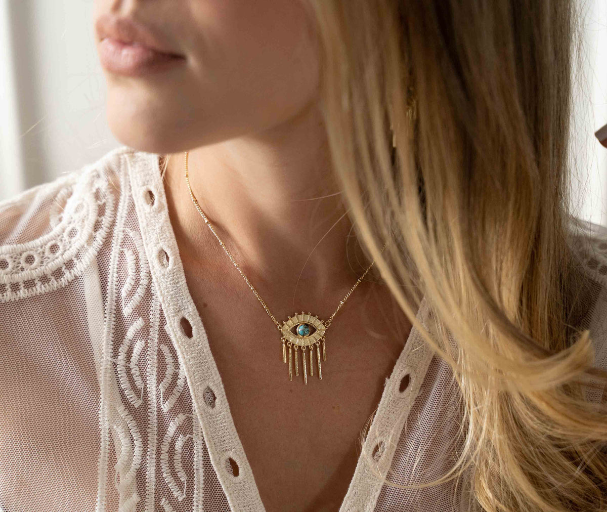 Evil Eye Labradorite, Moonstone or Copper Turquoise Necklace  *Gold Plated 18k *Handmade * Bohemian * Layered *Modern *Perfect Gift * BJN100