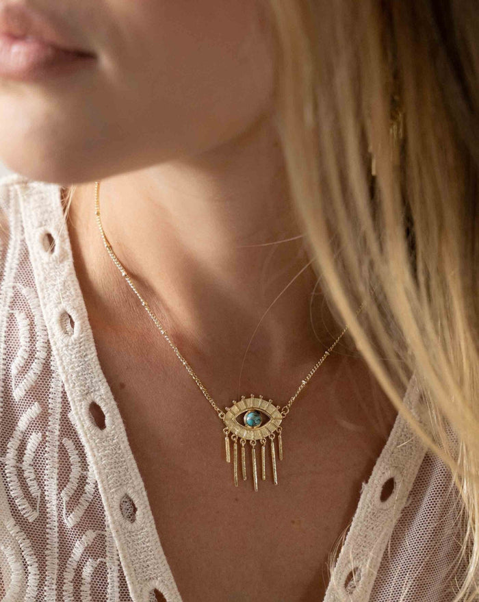 Evil Eye Labradorite, Moonstone or Copper Turquoise Necklace  *Gold Plated 18k *Handmade * Bohemian * Layered *Modern *Perfect Gift * BJN100