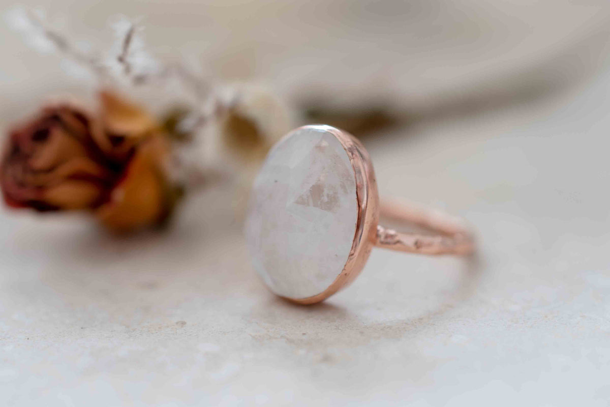 Moonstone Rose Gold Plated Ring *  Statement Ring * Gemstone Ring * Rainbow Moonstone * Rose Gold Ring  * BJR243