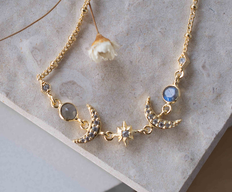 Half Moon Labradorite, Rose Quartz or Moonstone CZ Necklace * Gold Plated * Handmade * Minimalist * Layered * Gemstone * Birthstone * BJN157